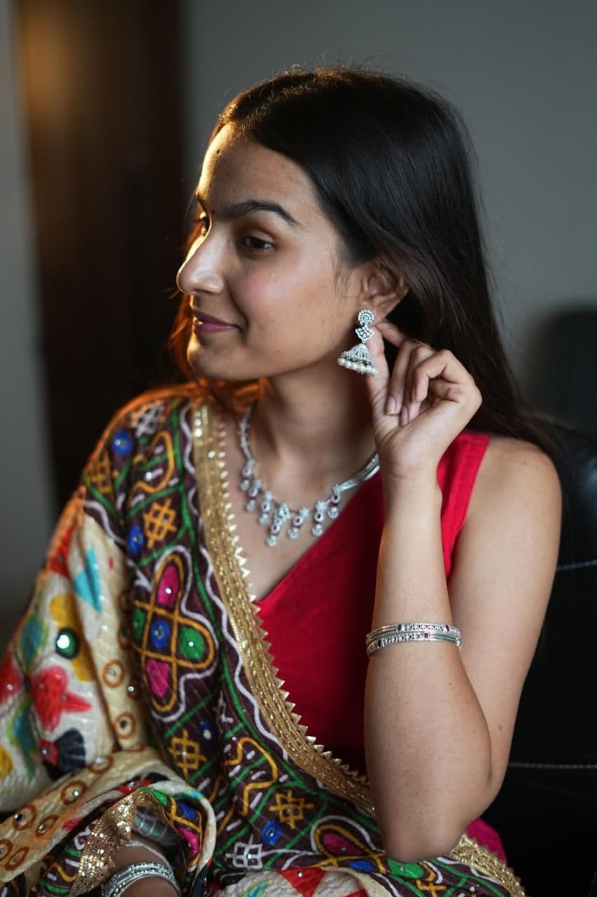 Silver necklace & jhumka set · Full view